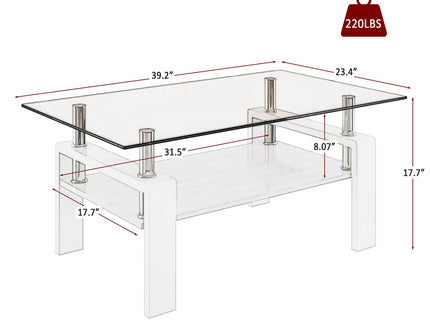 Modern Rectangular Coffee Table With Tempered Transparent Glass Top And Storage Shelf