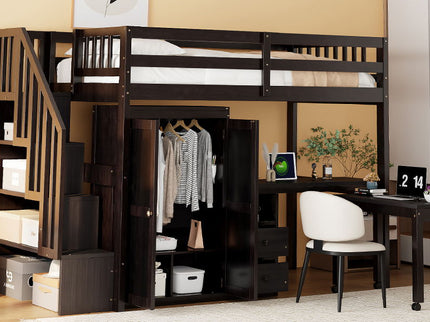 Loft Bed With Stairs, Bookshelf, Drawers, Desk & Wardrobe, Space Saving Multifunctional Furniture