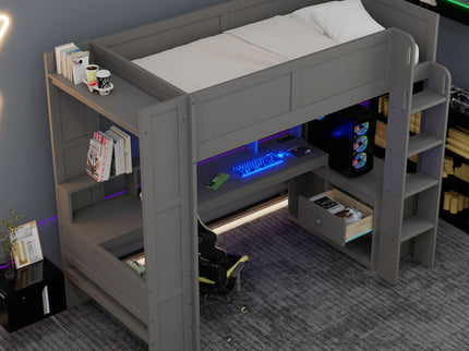 Gaming Loft Bed With Desk, Multi Storage Shelves, LED And Charging Station