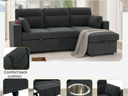 Convertible L - Shaped Sectional Sofa Bed With Storage Chaise, Cup Holders