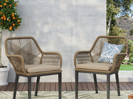 Modern Wicker Dining Club Chair With Water Resistant Cushions - Brown / Beige