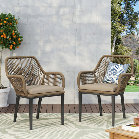 Modern Wicker Dining Club Chair With Water Resistant Cushions - Brown / Beige
