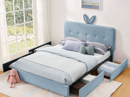 Upholstered Bed With Oversized Rabbit Ear Headboard, LED Lights & 4 Storage Drawers