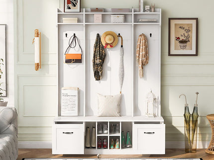 5 In 1 Entryway Bench With Coat Rack, 7 Sturdy Hooks, 2 Spacious Drawers And Adjustable Shelves