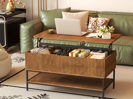 Rectangle Lift Top Coffee Table With Hidden Storage And Lower Shelf - Brown