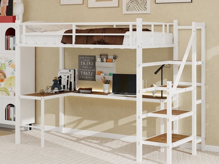 Loft Bed & L-Shaped Desk, Large Storage Space