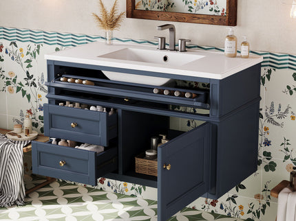 Modern Wall Mounted Floating Cabinet With Double Drawer And Sink