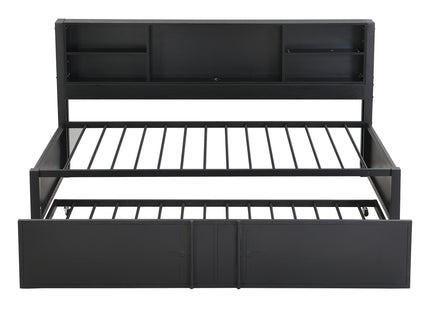 Industrial Metal Daybed With Trundle, Storage Shelves, USB Ports