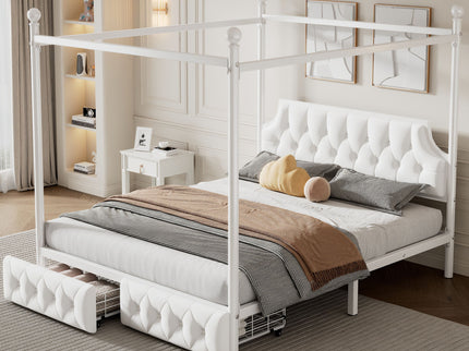 Queen Size Canopy Platform Bed With Upholstered Headboard And 2 Storage Drawers - White