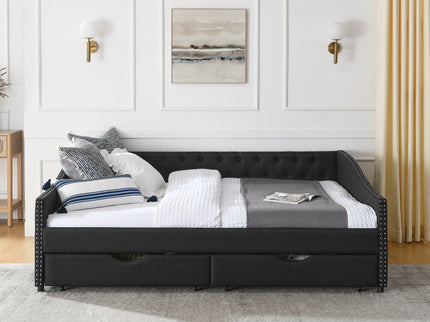 Upholstered Tufted Daybed With 2 Drawers, Waved Arms
