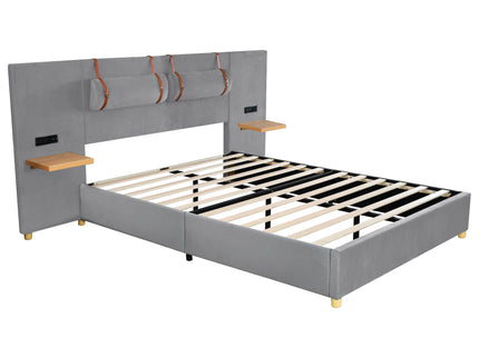 Upholstered Platform Bed, 2 Outlets And USB Charging Ports On Both Sides, 2 Bedside Pillows, Storage Shelves