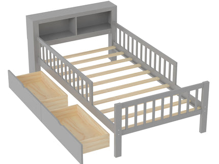Bed With Headboard Storage Rack, 2 Under Bed Drawers, 3 Side Guardrails For Safety