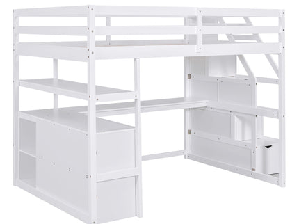 Loft Bed With Desk, Shelves, 2 Drawers, Storage Staircase