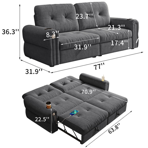 2 In 1 Convertible Sofa Bed For Living Room - Dark Gray - Fabric