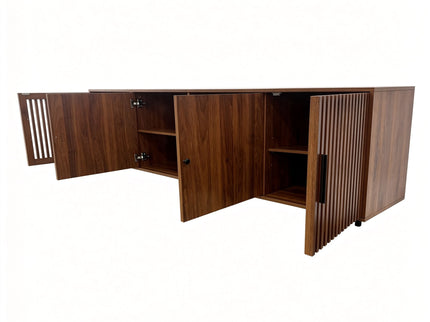 TV Stand, Media Console & Soft Closing Hinges, Adjustable Shelves, Slatted Doors - Walnut