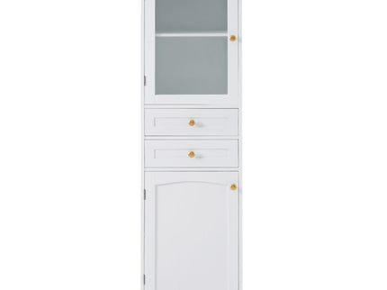 Tall Bathroom Storage Cabinet With Glass Doors, Free-Standing, Two Drawers, And Adjustable Shelves, Board, Painted Perfect For Displaying Your Favorite Items