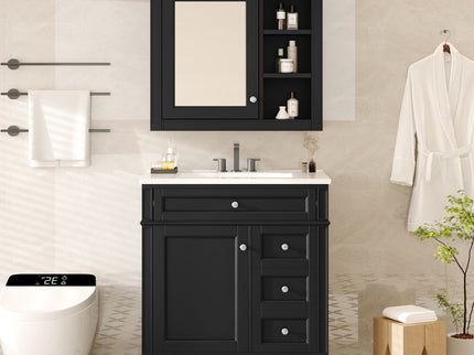 Bathroom Vanity With Top Sink, 2 Doors And 3 Drawers, Freestanding Set With Mirror Cabinet