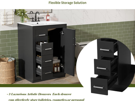 Bathroom Vanity With Integrated Sink, Rectangular Cabinet With 1 Door And 3 Drawers