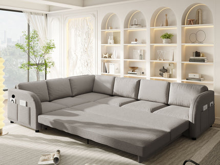 L-Shaped Couch With Pull-Out Bed, Convertible Sleeper Sofa With Side Pocket & USB Port