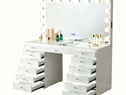 LED Lighted Makeup Vanity Desk With 16 Bulbs Mirror, 13 Drawers Dressing Table For Bedroom - Gloss White