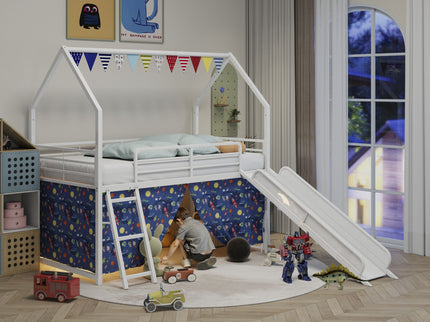 Jack - House Loft Bed With Slide And Curtain Set