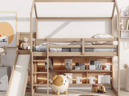 House Loft Bed With Slide, Storage Shelves And Light, Climbing Ramp