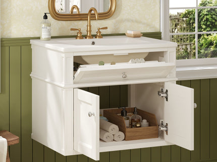 Wall Mounted Bathroom Vanity With Tip Out Drawer And Open Back Design