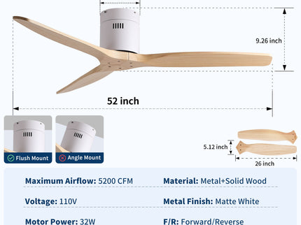 Low Profile Flush Ceiling Fan Without Light - Matte White / White