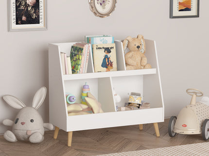 Kids Bookshelf And Toy Organizer, 5 Cubbies Wooden Open Bookcase, 2-Tier Baby Storage Display Organizer With Legs, Free Standing For Playing Room, Bedroom, Nursery, Classroom - White