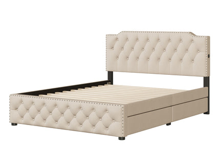 Upholstered Platform Bed With 2 Drawers And 2 Sets Of USB Ports On Each Side, Fabric