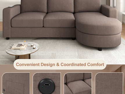 Modern L-Shaped Sectional Sofa With Curved Chaise, USB Ports, And Side Storage Pockets