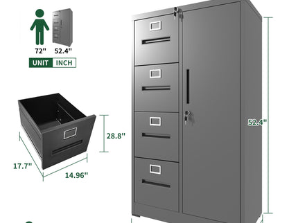 Metal Storage Vertical Filing Cabinet With Lock, 4 Drawers, 1 Door, Steel Construction, School / Office Use