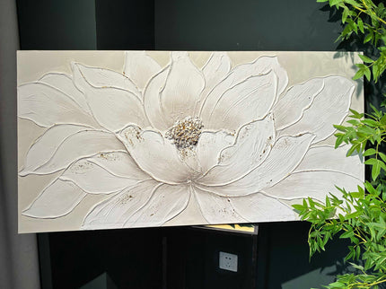 Lotus Flower Canvas Wall Art, Hand Painted Textured Floral Painting - Antique White