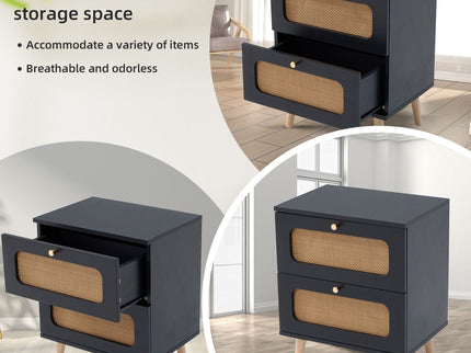 2 Drawer Rattan Nightstand For Bedroom And Living Room, End Table, Side Table With 2 Hand Made Rattan Decorated Drawers - Black