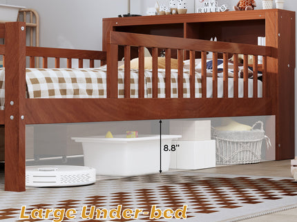 Bed With Headboard Storage Rack, 2 Under Bed Drawers, 3 Side Guardrails For Safety