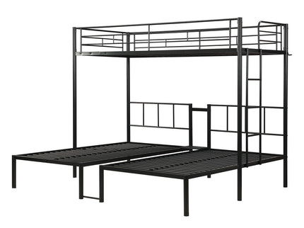 Twin Over Twin Over Twin Triple Bunk Bed With Safety Rails And Storage Shelf - Black