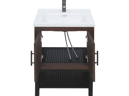 Modern Freestanding Bathroom Vanity With Ceramic Sink, Hot And Cold Faucet, Storage Cabinet & Open Shelf