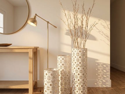Handcrafted Cutout Hollow Tall Standing Floor Vase, Home Decor (Set of 3) - White / Gold