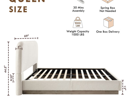 Linton - Queen Size Upholstered Platform Bed - Cream White / Light Grey / Camel Oak