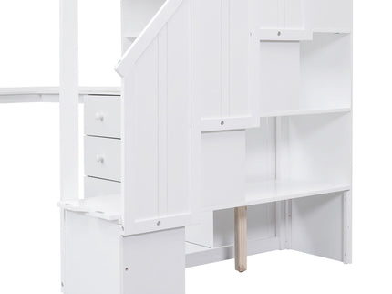Loft Bed With L Shaped Desk, Drawers, Cabinet, And Storage Staircase