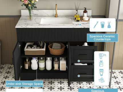 Bathroom Vanity Set, Fluted Cabinet, Soft Close Doors & Drawers, 3 Faucet Holes - Black