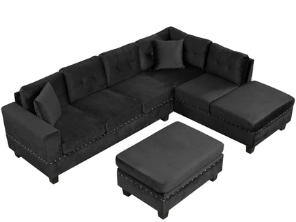 Modern Sectional Sofa With Storage Ottoman, L - Shape Couch With 2 Pillows And Cup Holders