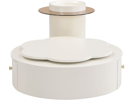 Modern Round Coffee Table (Set of 2), 360 Degree Rotatable Flower Shaped Top With 2 Drawers, Top Circle Side Table End Table With Glass For Living Room - Off White