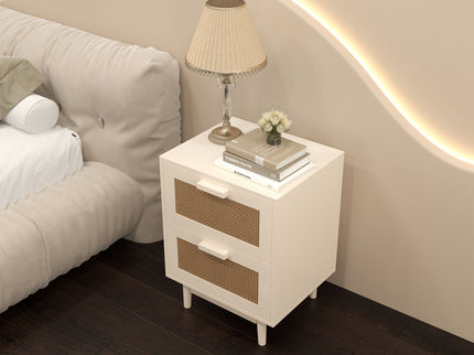 Nightstand With 2 Drawers, Storage Side Table For Bedroom - Antique Natural / Rattan
