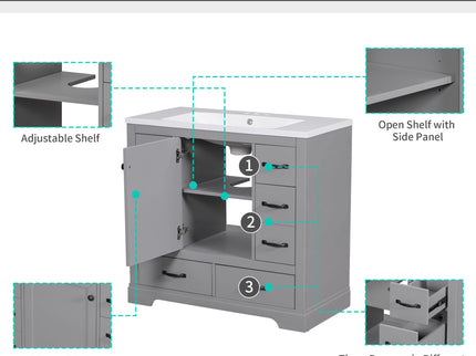 Modern Bathroom Vanity Base Only, 6 Drawer Storage With Adjustable Shelf