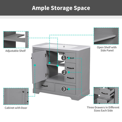 36" Bathroom Vanity Without Sink, Cabinet Base Only, 6 Drawers, Multi Functional Drawer Divider, Adjustable Shelf - Gray