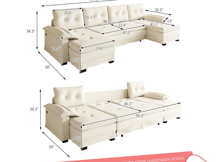 U-Shaped Sleeper Sofa With Pull Out Bed, Removable Armrests & USB Ports For Living Room