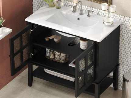 Bathroom Vanity With Ceramic Sink, Adjustable & Open Shelf