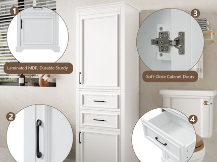 Freestanding Bathroom Vanity Tall With Damping Hinge Doors, Adjustable Shelves - White