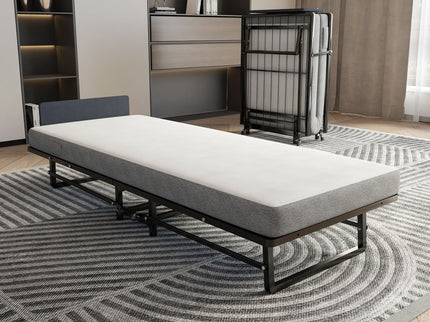 Modern Metal Folding Bed Frame With Foam Mattress, Easy Storage & Mobility - Black